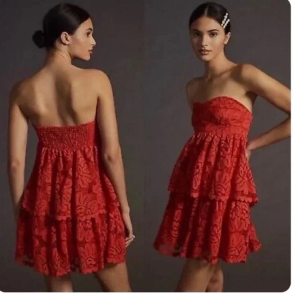 Anthropologie Maeve Strapless Lace Mini Red Floral Tiered Dress Size Small